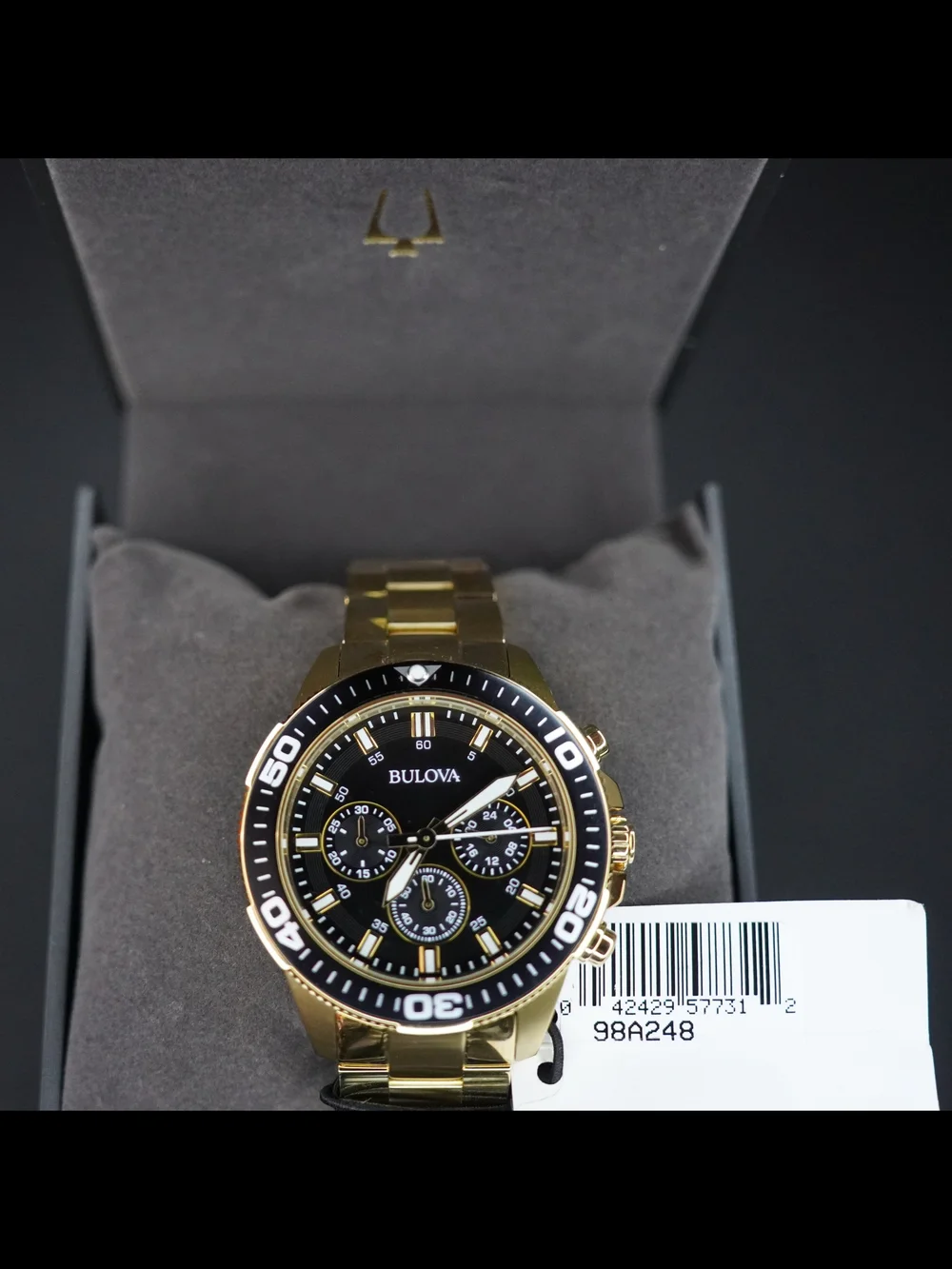 Bulova 98A248 Marine Star Gold Tone Chronograph Black Dial 43mm Mens Quartz